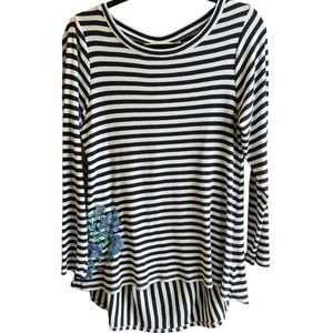 Soft Surroundings Top S Small Blue White Striped Hi Lo Embroidered Floral
